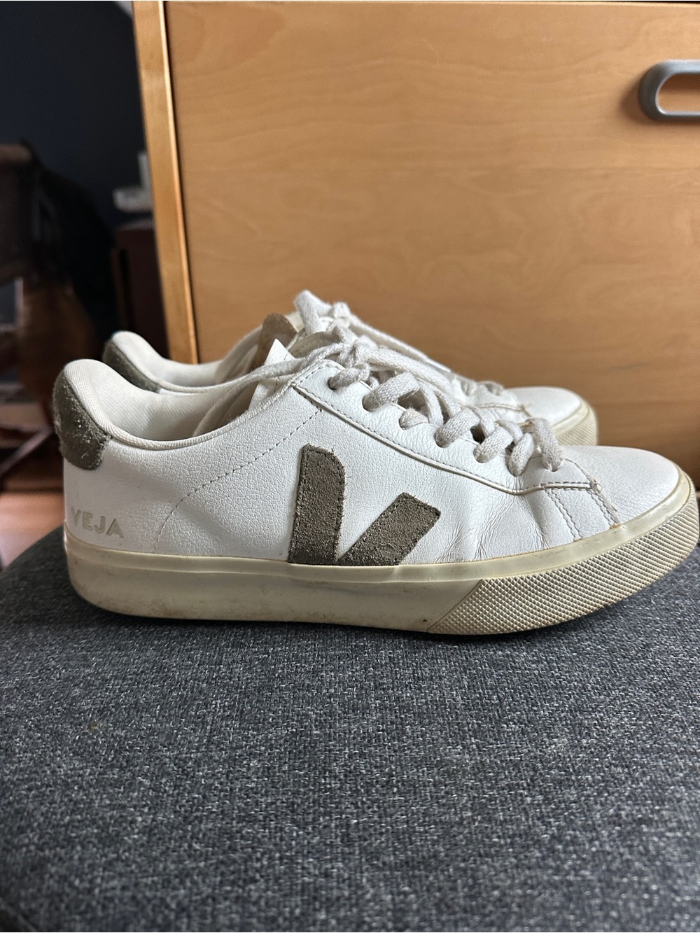 Veja Women's campo White Leather Sneakers with Taupe V Detail